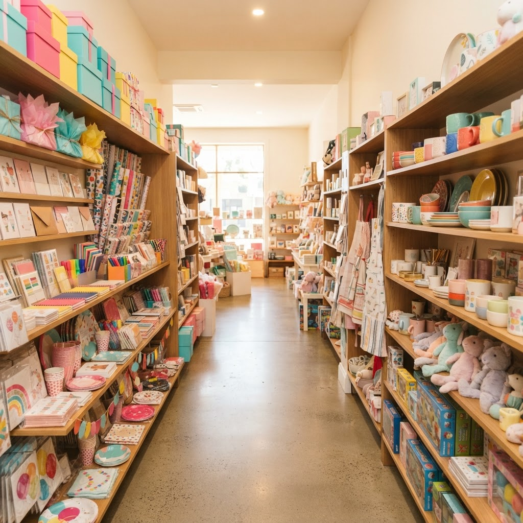 Neatly organised store shelves stocked with gifts, party decorations, stationery and homewares